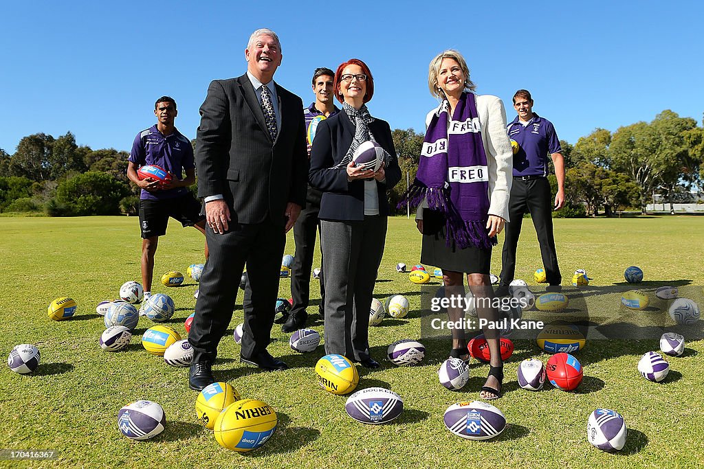 Prime Minister Julia Gillard Visits Anning Park With The Fremantle Dockers