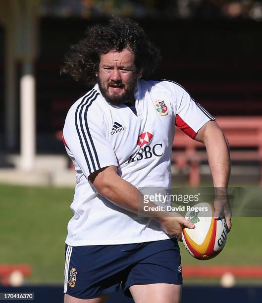 Adam Jones of the Lions passes the ball during the British and Irish Lions training session at North Sydney Oval on June 13, 2013 in Sydney,...