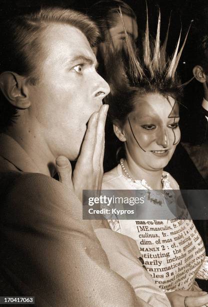 British actor, singer and musician David Bowie with model and actress Jordan at a screening of 'Just A Gigolo' at the Cannes Film Festival, France,...
