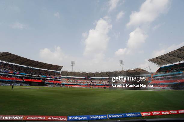 General view of Stadium during the ICC Men's Cricket World Cup India 2023 warm up match between Pakistan and Australia at Rajiv Gandhi International...