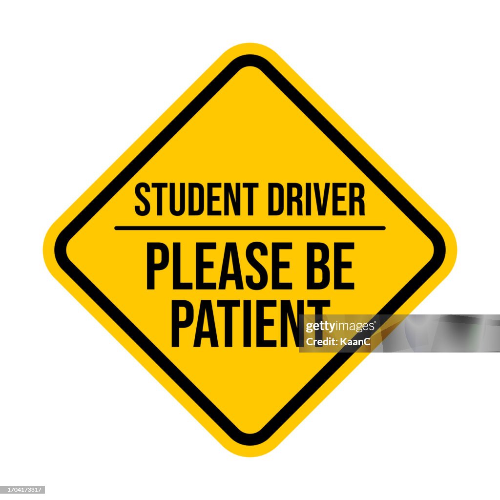 Please be patient student driver safety stickers. Car signs stickers for the new driver. Vehicle signs for the beginner learning driver. New Driver Sign, beginner mark. Vector stock illustration