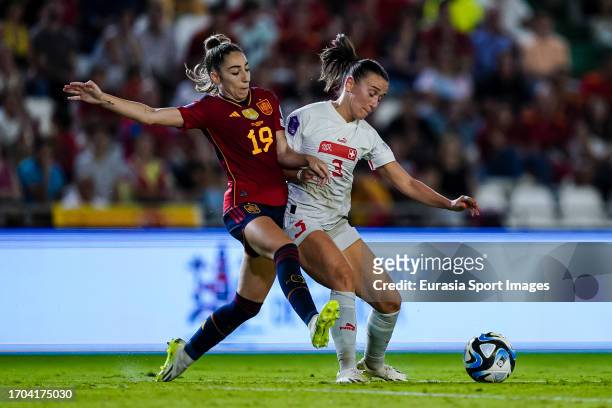 Olga Carmona of Spain fights for the ball with Lara Marti of Switzerland during the UEFA Women's Nations League Group D match between Spain and...