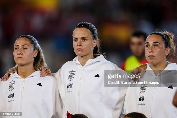 Laia Codina, Irene Paredes and Catalina Coll of Spain etting into the field during the UEFA Women's Nations League Group D match between Spain and...
