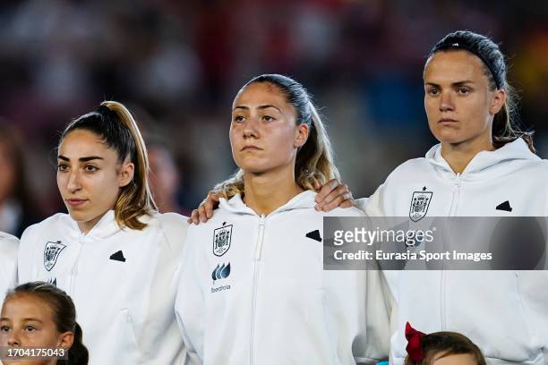 Olga Carmona, Laia Codina and Irene Paredes of Spain getting into the field during the UEFA Women's Nations League Group D match between Spain and...