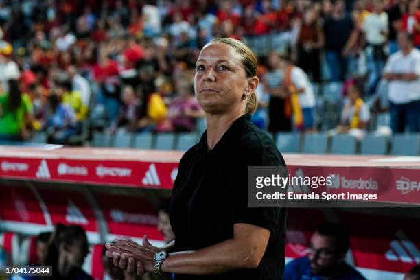 Switzerland Head Coach Inka Grings gestures during the UEFA Women's Nations League Group D match between Spain and Switzerland at Estadio Nuevo...