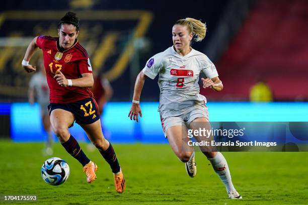 Oihane Hernandez of Spain plays against Nadine Riesen of Switzerland during the UEFA Women's Nations League Group D match between Spain and...