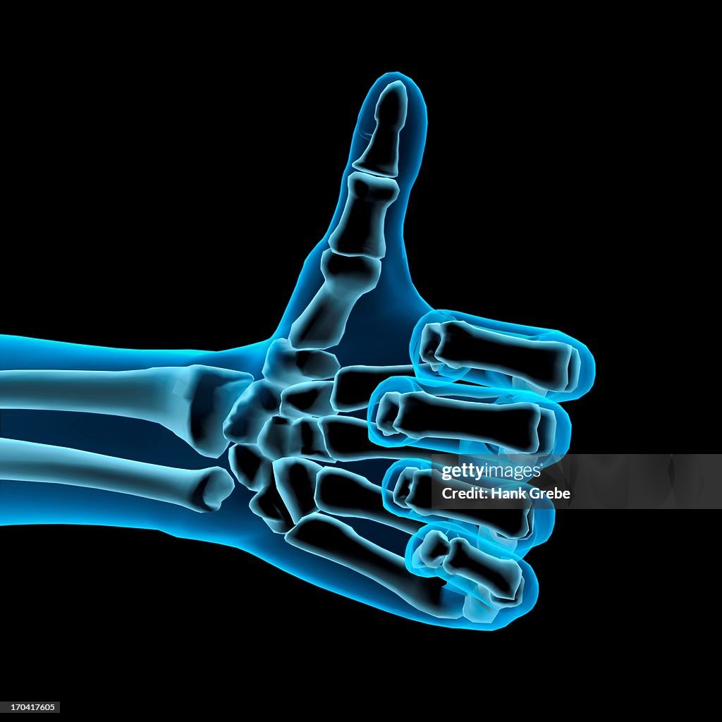 3D Computer Illustration of a blue hand giving the thumbs up sign. Black background