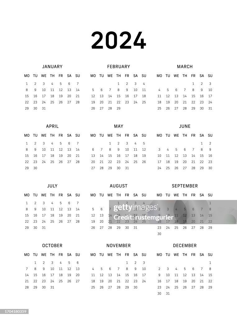 12-Monatskalender für 2024, Montagsstart - weißer Hintergrund