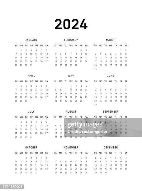 12 month calendar for 2024, sunday start - white background - first day stock illustrations