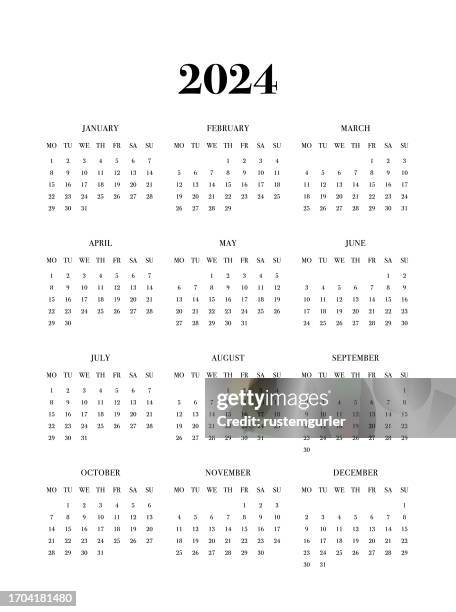 12 month calendar for 2024, monday start - white background - opening day vector stock illustrations