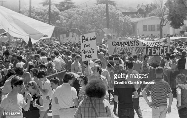 Berkeley students and protesters gather at People's Park II during a protest and celebration, Berkeley, California, June 2, 1969. The Annex, located...