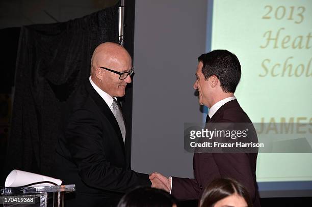 Kim Ledger greets actor James Mackay at the podium at the Australians In Film and Heath Ledger Scholarship Host 5th Anniversary Benefit Dinner on...