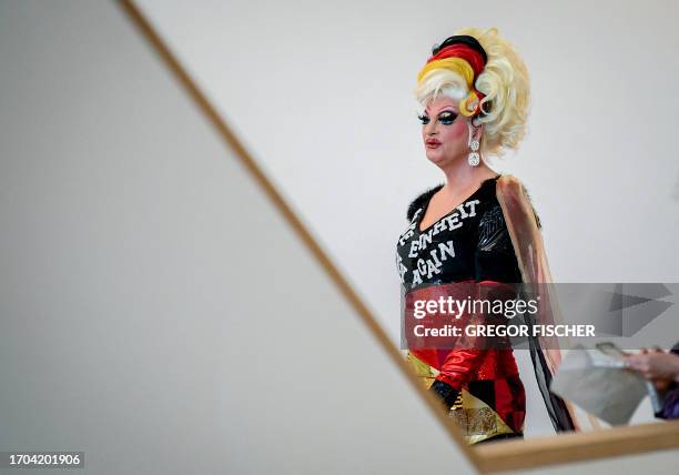 Dragqueen Olivia Jones attends the celebration of the German reunification in Hamburg, Germany, on October 3, 2023.