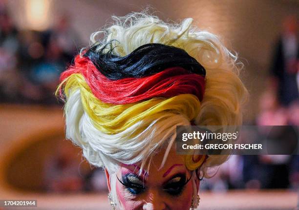 Dragqueen Olivia Jones attends the celebration of the German reunification in Hamburg, Germany, on October 3, 2023.