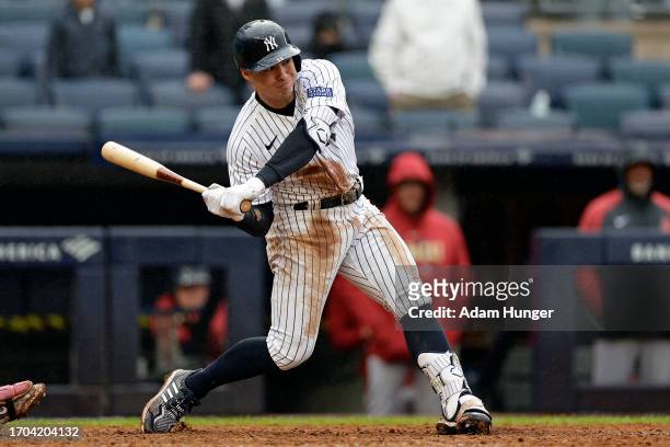 Anthony Volpe of the New York Yankees in action against the Arizona Diamondbacks during the eighth inning at Yankee Stadium on September 25, 2023 in...