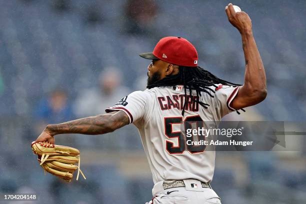 Miguel Castro of the Arizona Diamondbacks pitches against the New York Yankees during the eighth inning at Yankee Stadium on September 25, 2023 in...