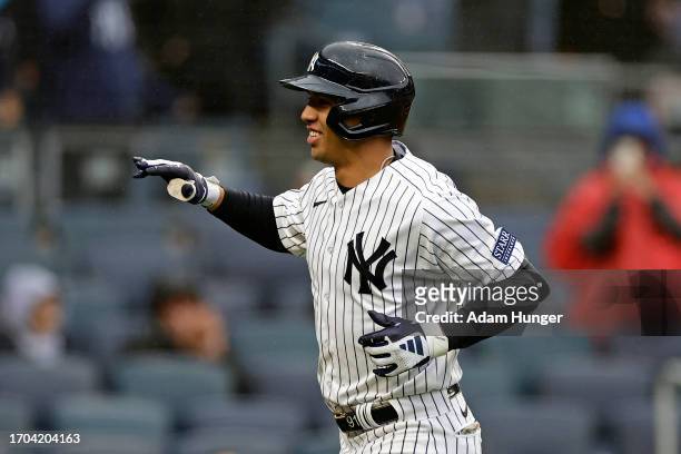 Oswald Peraza of the New York Yankees reacts against the Arizona Diamondbacks during the seventh inning at Yankee Stadium on September 25, 2023 in...