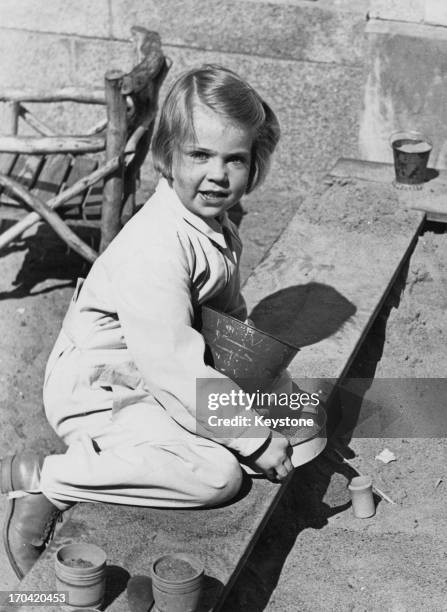 Princess Margaretha of Sweden playing in the sand, Haga Park, Sweden, May 1939.