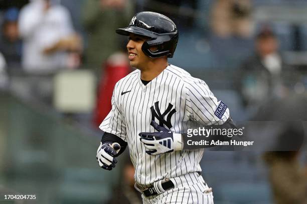 Oswald Peraza of the New York Yankees reacts against the Arizona Diamondbacks during the seventh inning at Yankee Stadium on September 25, 2023 in...