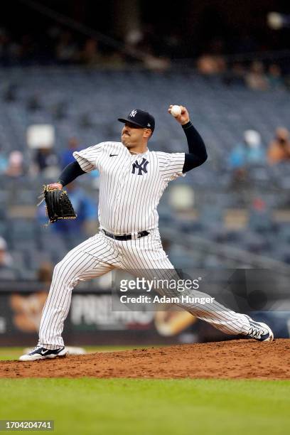 Nick Ramirez of the New York Yankees pitches against the Arizona Diamondbacks during the seventh inning at Yankee Stadium on September 25, 2023 in...