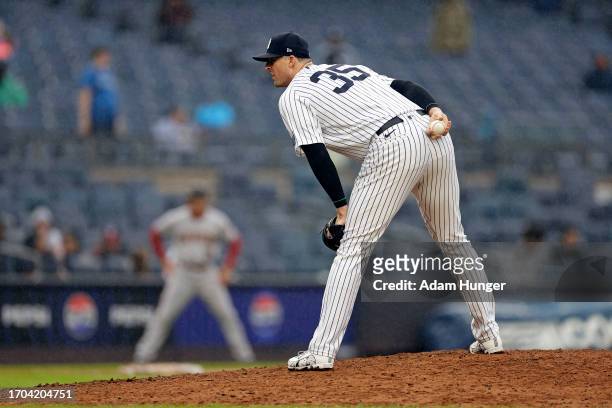 Clay Holmes of the New York Yankees pitches against the Arizona Diamondbacks during the ninth inning at Yankee Stadium on September 25, 2023 in New...