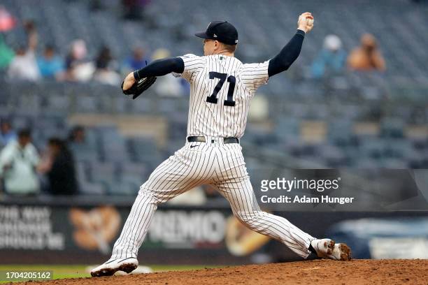 Ian Hamilton of the New York Yankees pitches against the Arizona Diamondbacks during the seventh inning at Yankee Stadium on September 25, 2023 in...