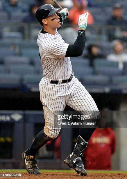 Aaron Judge of the New York Yankees in action against the Arizona Diamondbacks during the seventh inning at Yankee Stadium on September 25, 2023 in...