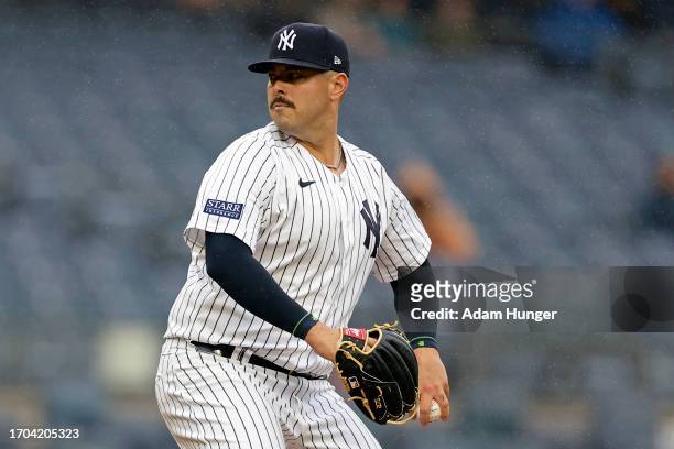 Nick Ramirez of the New York Yankees pitches against the Arizona Diamondbacks during the seventh inning at Yankee Stadium on September 25, 2023 in...