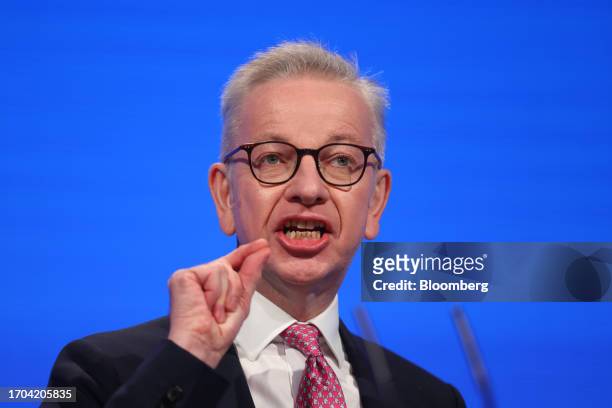 Michael Gove, UK levelling up secretary, on the day three of the UK Conservative Party Conference in Manchester, UK, on Tuesday, Oct. 3, 2023. Prime...