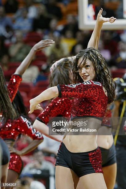 The Heat Dancers entertain the audience during the NBA game between the New York Knicks and the Miami Heat at American Airlines Arena on December 13,...