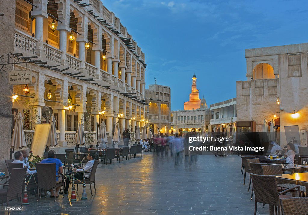 Waqif Souk and Fanar Tower in  Doha, Qatar.