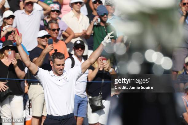 Former footballer, Gareth Bale reacts during the All-Star Match at the 2023 Ryder Cup at Marco Simone Golf Club on September 27, 2023 in Rome, Italy.