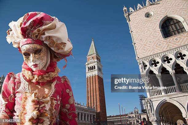 carnival mask in venice posing in san marco square - carnival venice stockfoto's en -beelden