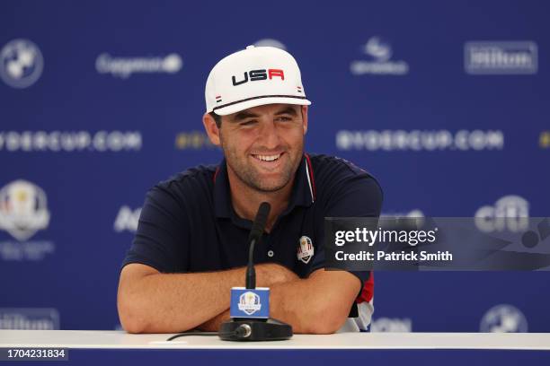 Scottie Scheffler of Team United States reacts in a press conference following a practice round prior to the 2023 Ryder Cup at Marco Simone Golf Club...