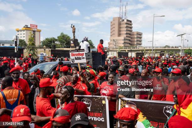 Demonstrators march during the 'Occupy Bank of Ghana' protest in Accra, Ghana, on Tuesday, Oct. 3, 2023. The demonstration is the latest in Accra to...