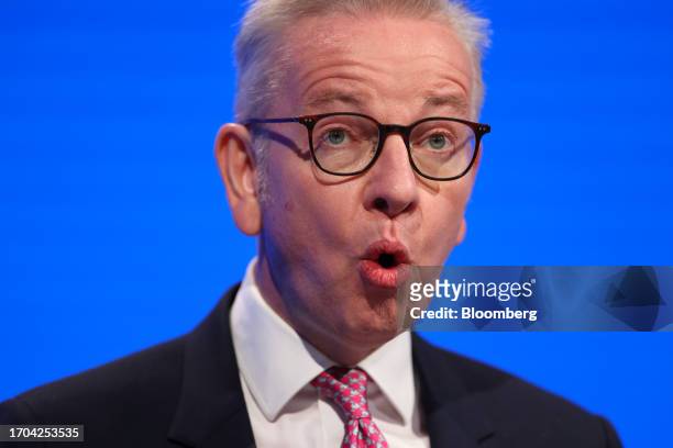 Michael Gove, UK levelling up secretary, on the day three of the UK Conservative Party Conference in Manchester, UK, on Tuesday, Oct. 3, 2023. Prime...