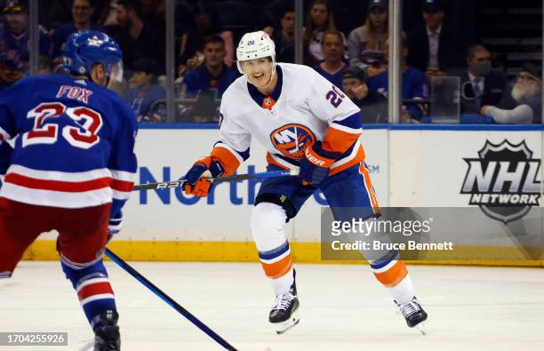 Hudson Fasching of New York Islanders skates against the New York Rangers during a preseason game at Madison Square Garden on September 26, 2023 in...