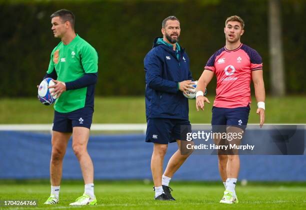 Tours , France - 3 October 2023; Head coach Andy Farrell watches Jonathan Sexton and Jack Crowley during an Ireland Rugby squad training session at...
