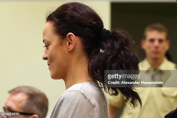 The defendant Beate Zschaepe looks on prior to the trial during day ten of the NSU neo-Nazis murder trial at the Oberlandgericht Muenchen court on...