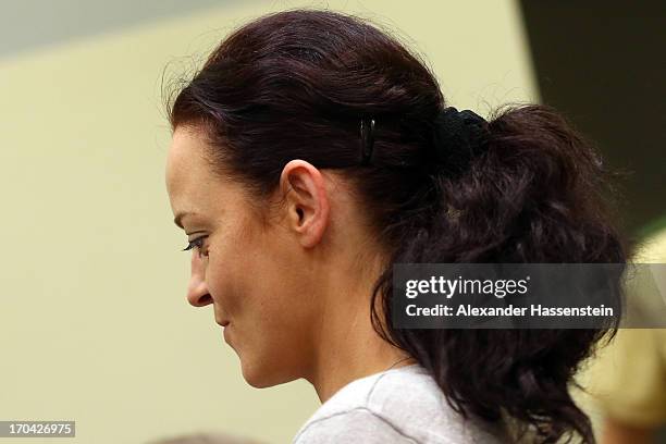 The defendant Beate Zschaepe looks on prior to the trial during day ten of the NSU neo-Nazis murder trial at the Oberlandgericht Muenchen court on...