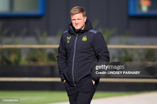 Newcastle United's English head coach Eddie Howe attends a training session at the team's training facility in Newcastle-upon-Tyne, northeast...