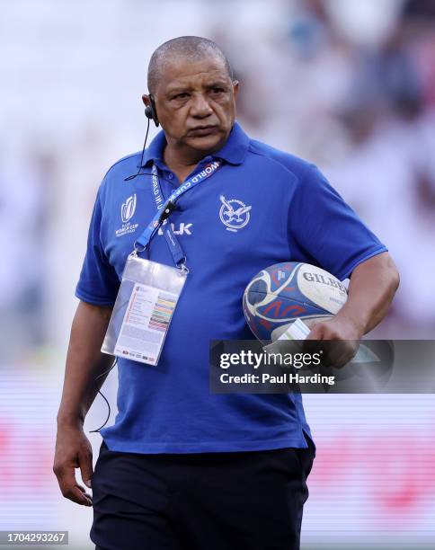 Allister Coetzee, Head Coach of Namibia looks on prior to the Rugby World Cup France 2023 match between Uruguay and Namibia at Parc Olympique on...