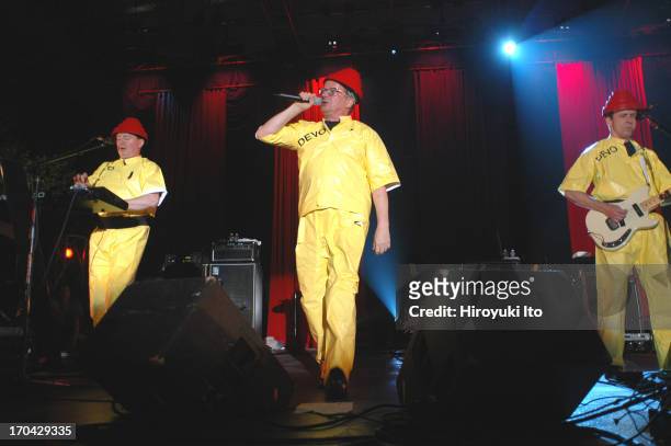 Devo performing at Central Park Summer Stage on Friday night, July 23, 2004.This image:From left, Jerry Casale, Mark Mothersbaugh and Bob 1.