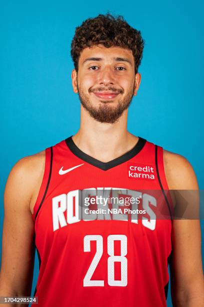 Alperen Sengun of the Houston Rockets poses for a head shot during 2023-24 NBA Media Day on October 2, 2023 at the Toyota Center in Houston, Texas....