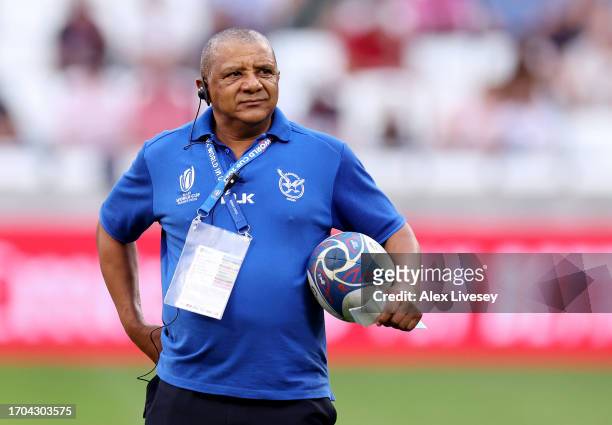 Allister Coetzee, Head Coach of Namibia, looks on during the warm up prior to the Rugby World Cup France 2023 match between Uruguay and Namibia at...