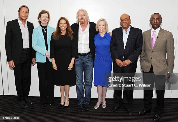 Jochen Zeitz, Mary Robinson, Shari Arison, Richard Branson, Kathy Calvin, Mo Ibrahim and Strive Masiyiwa pose for photographs during the launch of...
