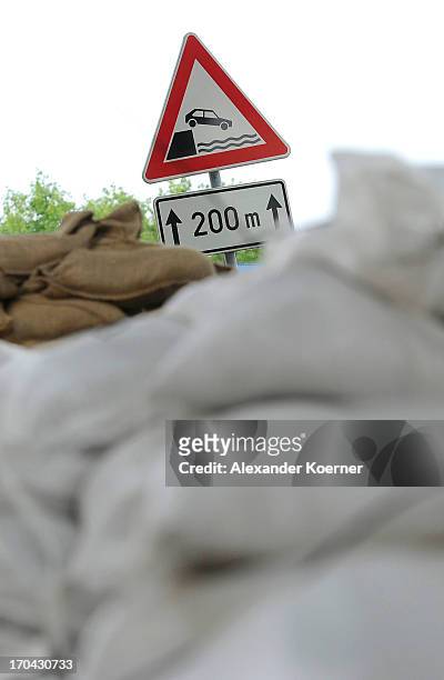 Sandbags are pictured on June 13, 2013 in Dachau, Germany. The region around Neuhausen and Hitzacker, Lower Saxony, were hit by heavy floods in the...