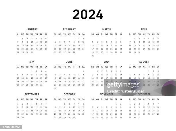 illustrations, cliparts, dessins animés et icônes de calendrier de 12 mois pour 2024, début du dimanche - fond blanc - 1er jour d'un événement