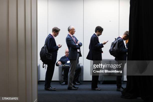 Attendees queue to attend a speech Jeremy Hunt, UK chancellor of the exchequer, on the day three of the UK Conservative Party Conference in...