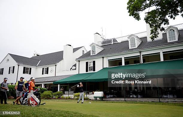 Cliff Kresge of the United States hits the opening tee shot on the first hole during Round One of the 113th U.S. Open at Merion Golf Club on June 13,...